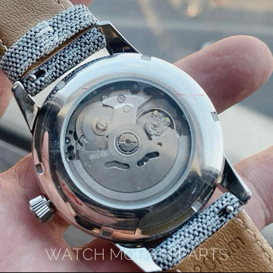 Custom Mod Grand Seiko GS GMT 40mm Watch White Ripple dial Grey Sailcloth Strap