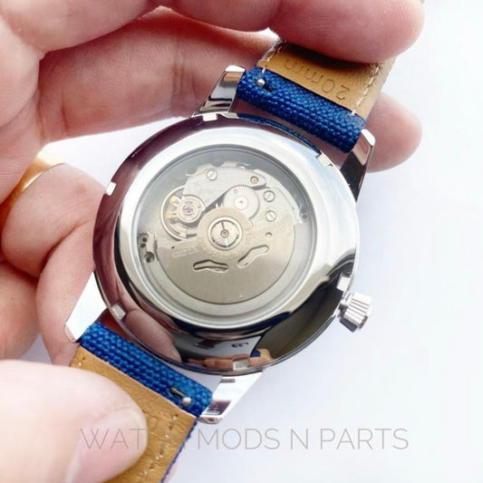 Custom Mod Grand Seiko GS GMT 40mm Watch Blue Ripple dial Blue Sailcloth Strap