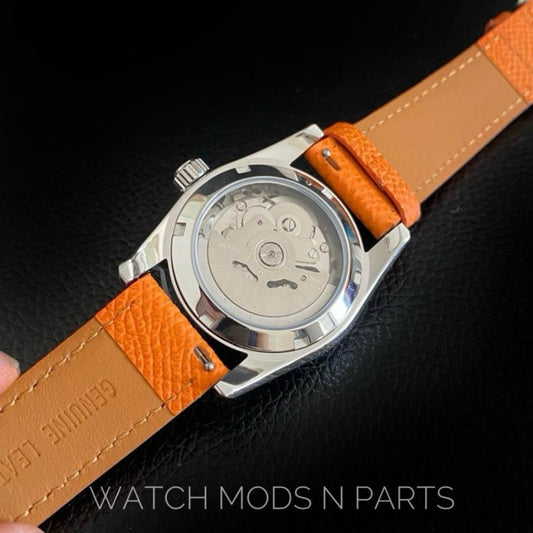 Custom Mod Grand Seiko GS GMT NH34 White Ripple dial on orange Epsom Leather