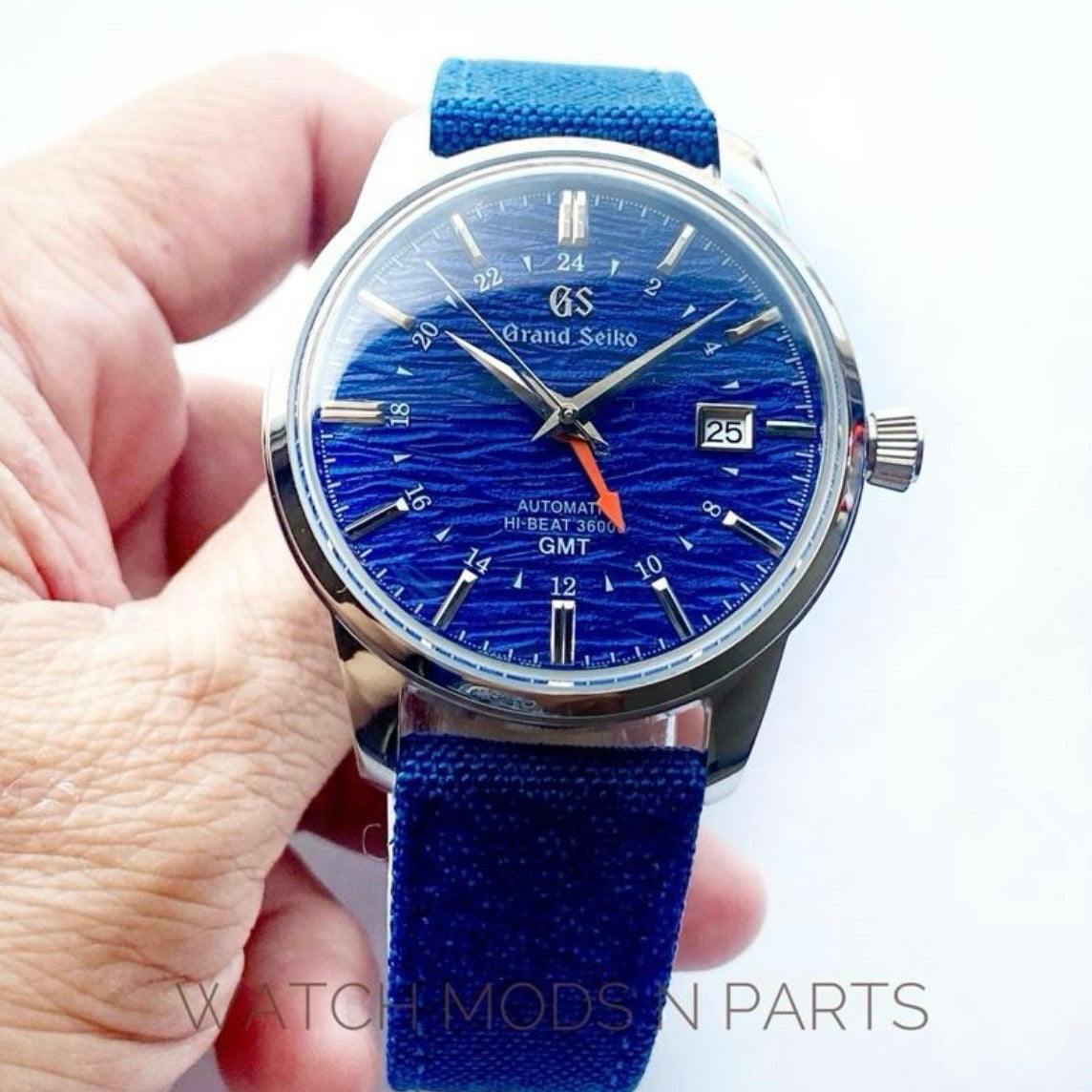 Custom Mod Grand Seiko GS GMT 40mm Watch Blue Ripple dial Blue Sailcloth Strap