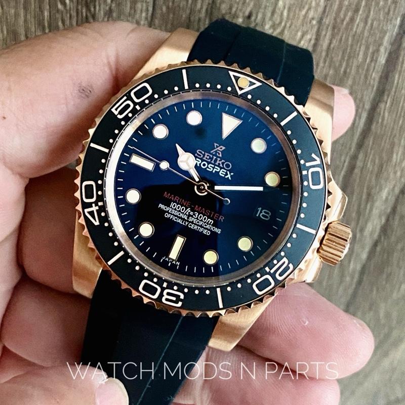 WMNP Seiko Modification 40mm Automatic 4R35B deep black highly glossy Marine Master Prospex black dial Rose Gold body bezel with Rubber Strap