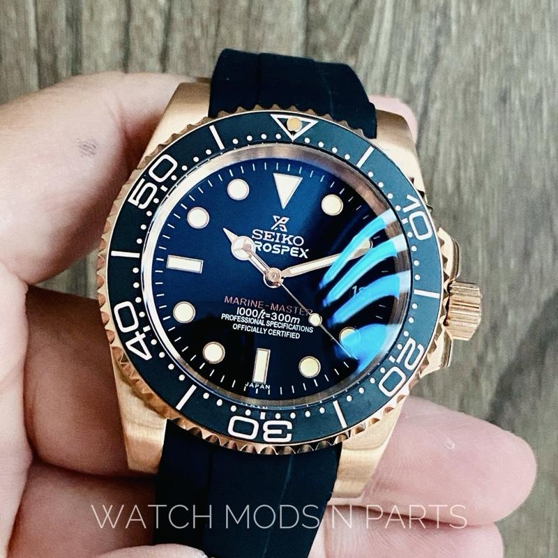 WMNP Seiko Modification 40mm Automatic 4R35B deep black highly glossy Marine Master Prospex black dial Rose Gold body bezel with Rubber Strap