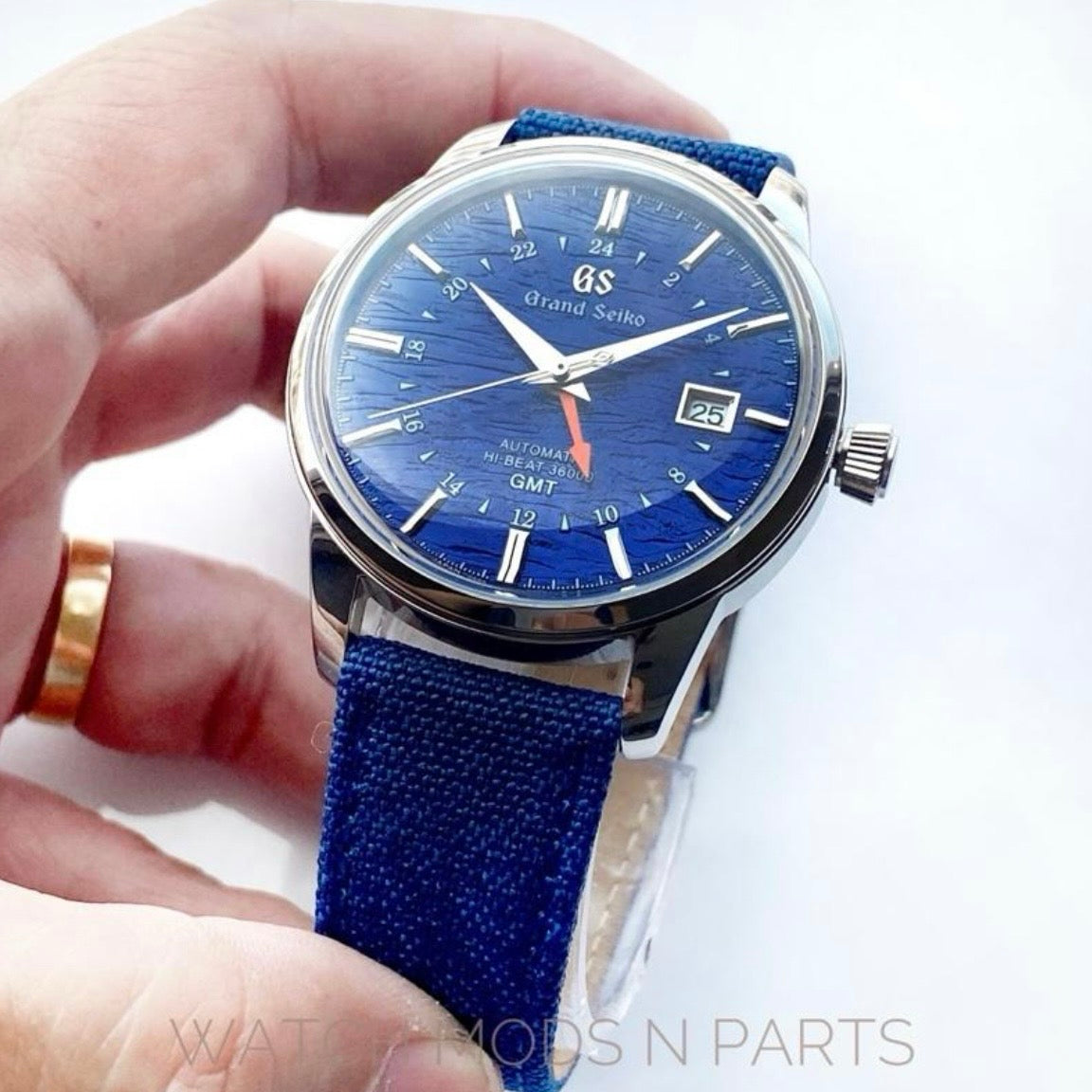 Custom Mod Grand Seiko GS GMT 40mm Watch Blue Ripple dial Blue Sailcloth Strap