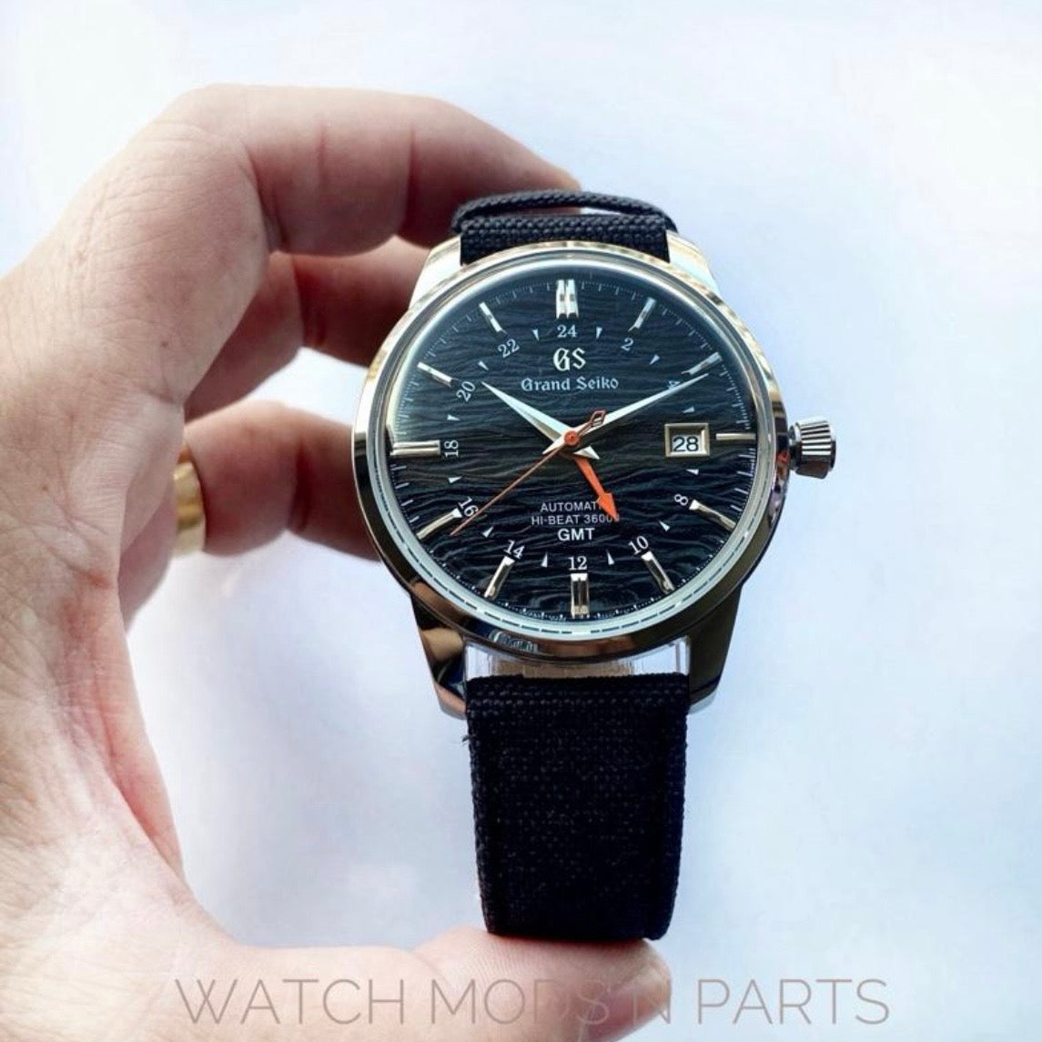 Custom Mod Grand Seiko GS GMT 40mm Watch Black Ripple dial Black Sailcloth Strap