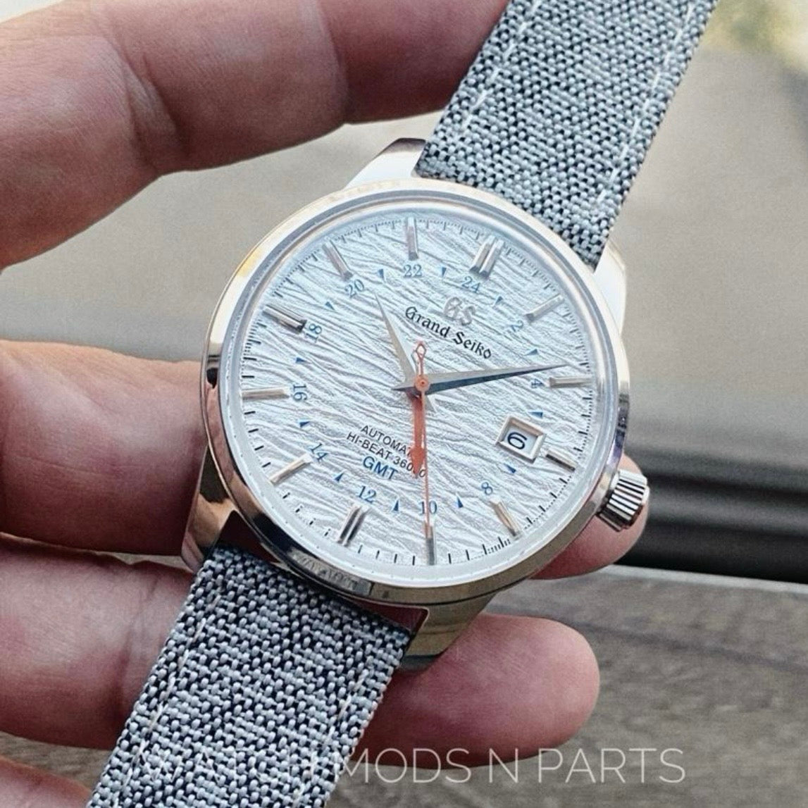 Custom Mod Grand Seiko GS GMT 40mm Watch White Ripple dial Grey Sailcloth Strap