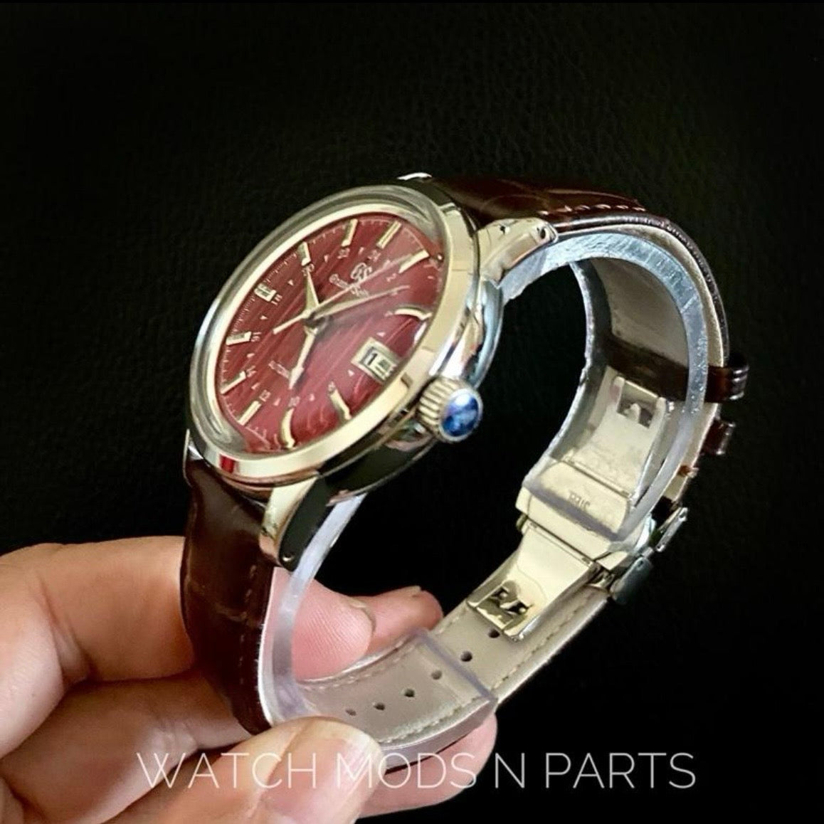 Custom Mod Grand Seiko GS GMT 39mm Watch Red dial Brown Croco Strap