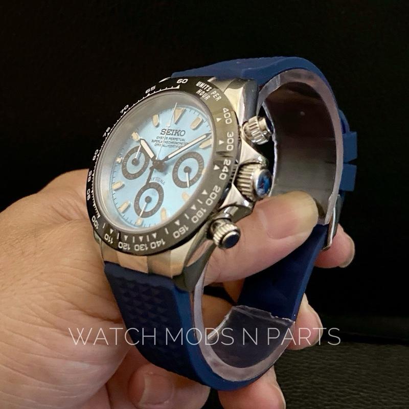 Seiko Mod Chrono Speedtimer Daytona VK63 Ice Blue Dial custom waffle strap Rubber Watch