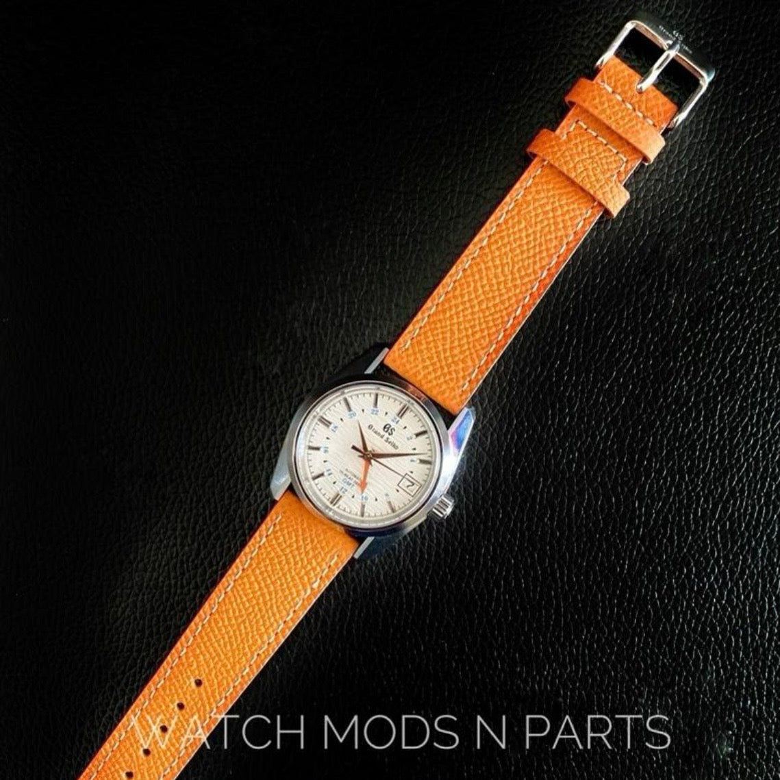 Custom Mod Grand Seiko GS GMT NH34 White Ripple dial on orange Epsom Leather