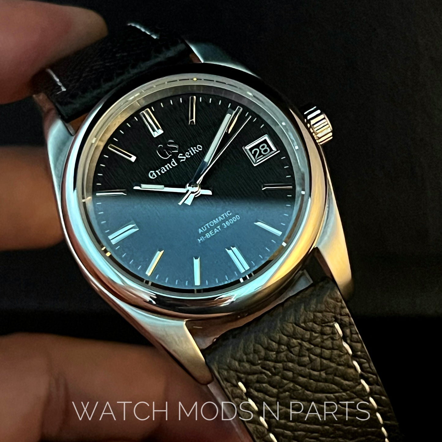 Custom Mod Grand Seiko GS GMT 36mm Black Textured dial on Black Epsom Leather