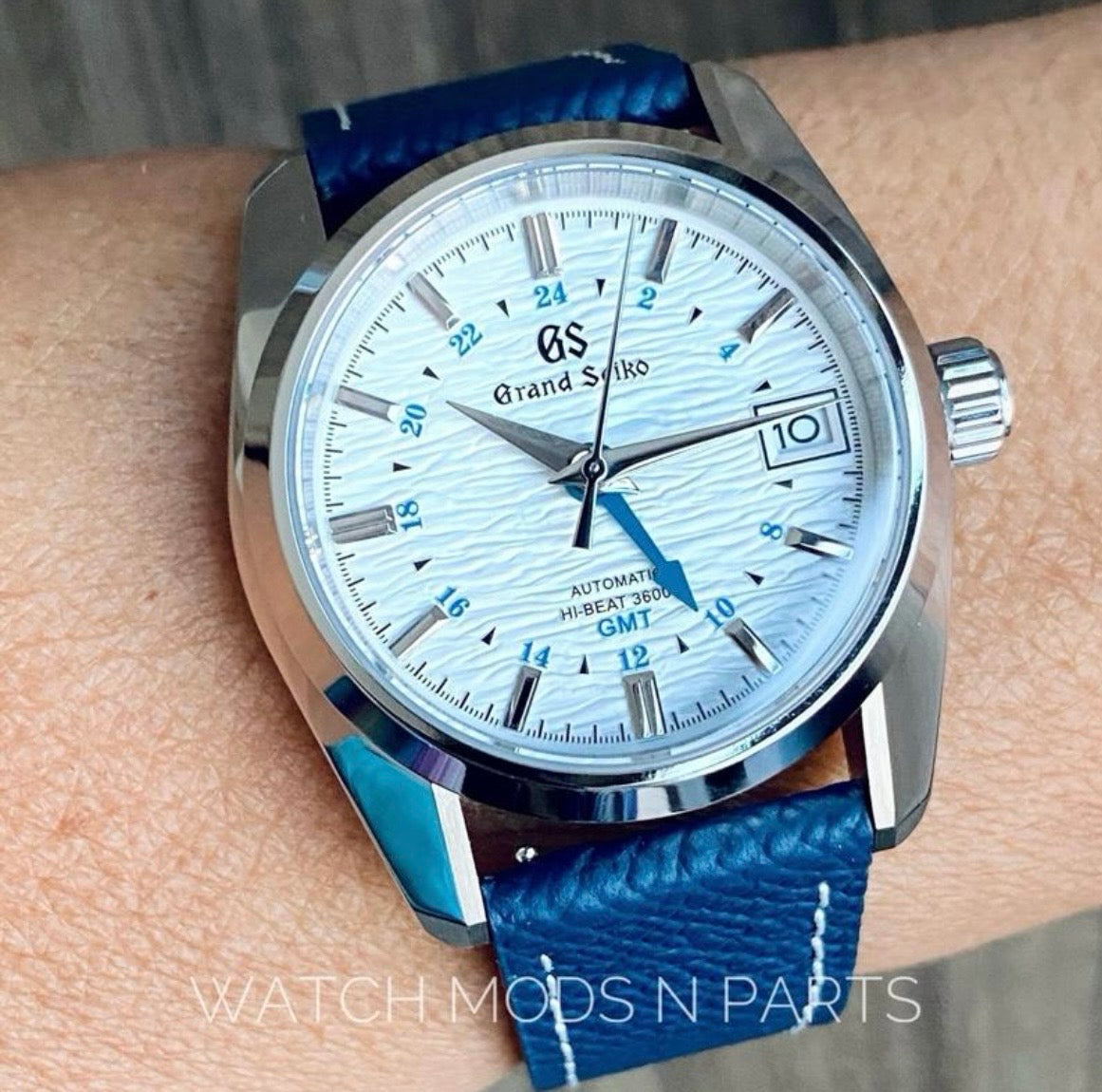 Custom Mod Grand Seiko GS GMT NH34 White Ripple dial on Royal Blue Epsom Leather