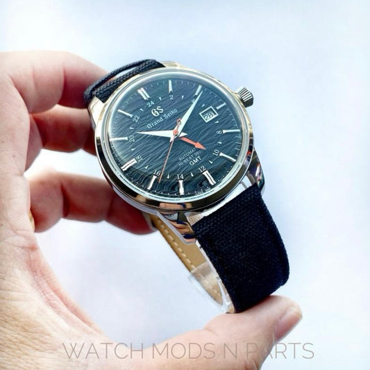 Custom Mod Grand Seiko GS GMT 40mm Watch Black Ripple dial Black Sailcloth Strap
