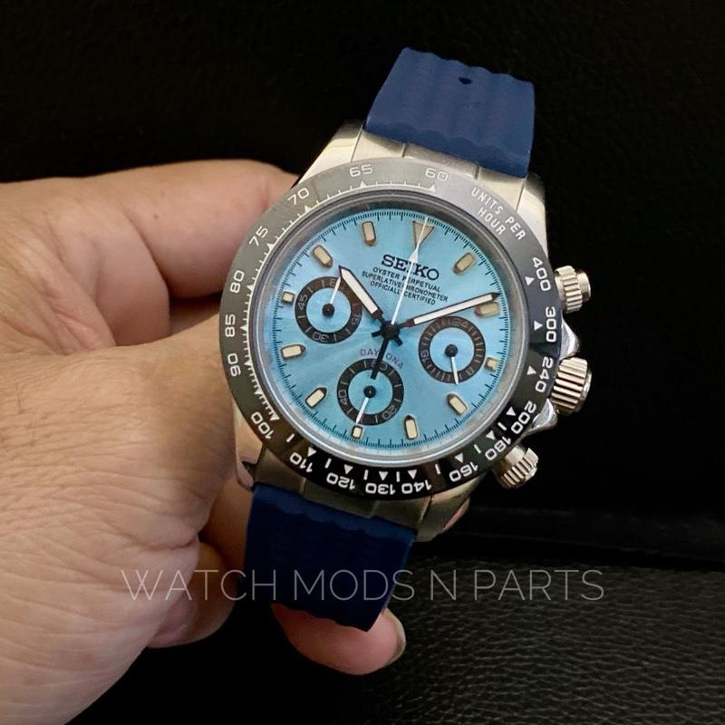 Seiko Mod Chrono Speedtimer Daytona VK63 Ice Blue Dial custom waffle strap Rubber Watch
