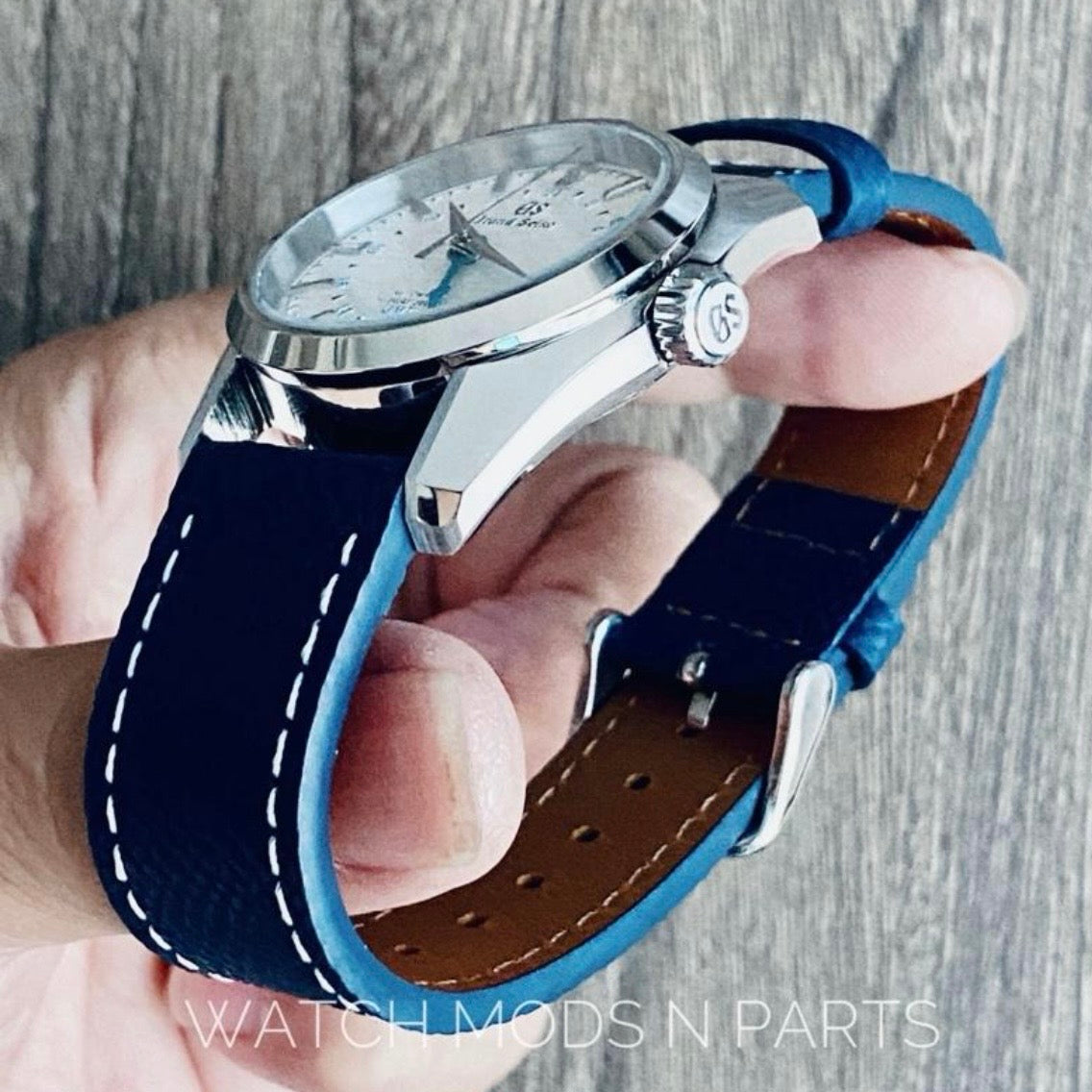 Custom Mod Grand Seiko GS GMT NH34 White Ripple dial on Royal Blue Epsom Leather