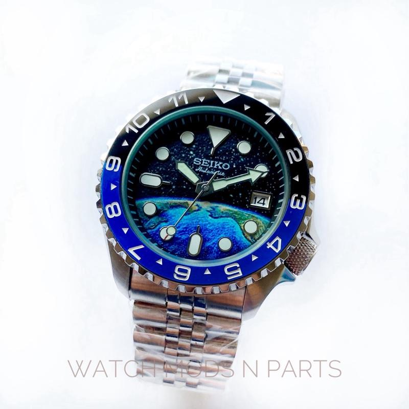 WMNP Seiko Mod Skx body style voyager glowing earth with LX Bezel dan dual time Insert bezel movement Seiko nh35  Watch Watches Crystal