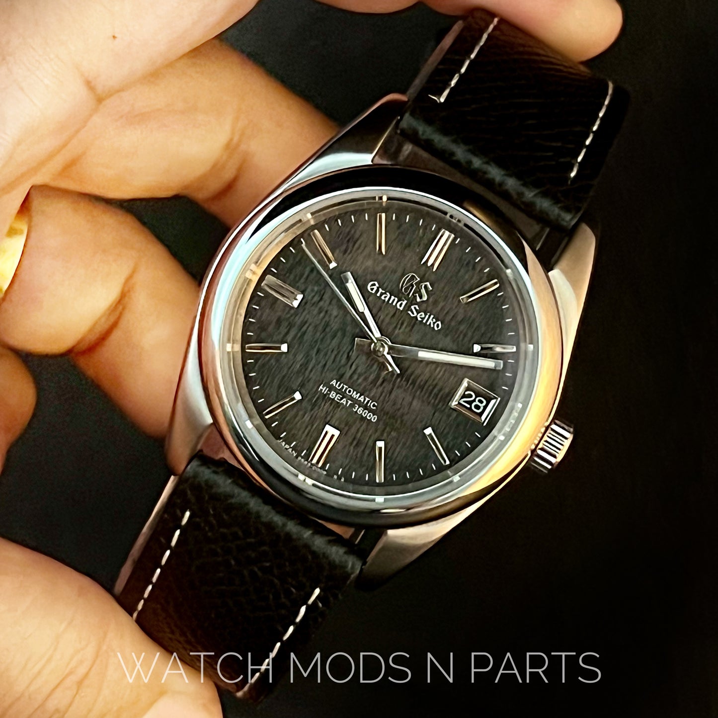 Custom Mod Grand Seiko GS GMT 36mm Black Textured dial on Black Epsom Leather