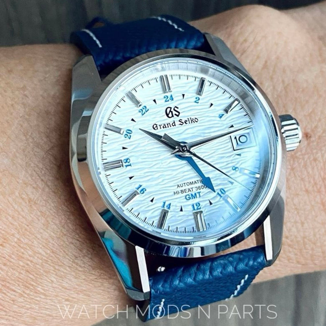 Custom Mod Grand Seiko GS GMT NH34 White Ripple dial on Royal Blue Epsom Leather