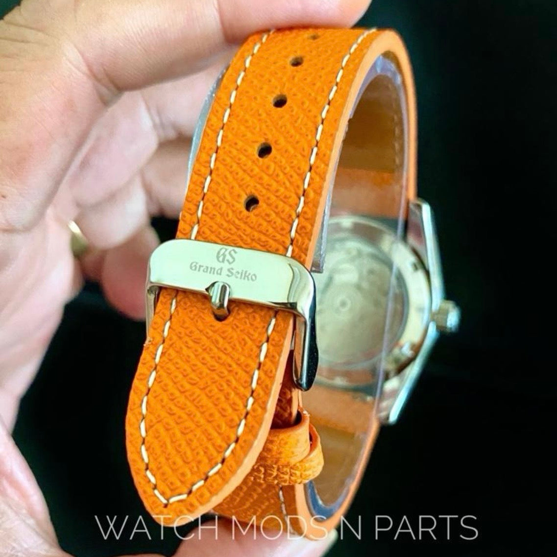Custom Mod Grand Seiko GS GMT NH34 White Ripple dial on orange Epsom Leather