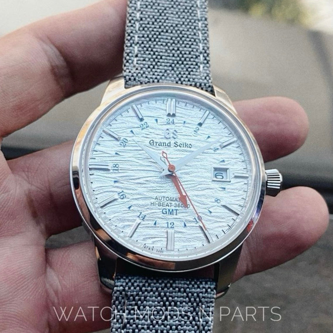 Custom Mod Grand Seiko GS GMT 40mm Watch White Ripple dial Grey Sailcloth Strap