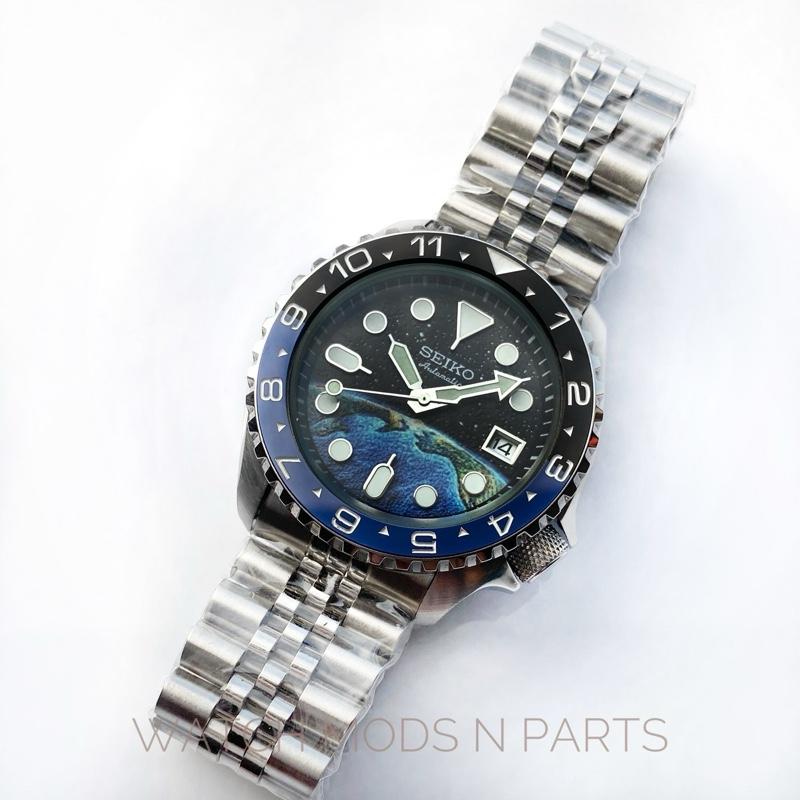 WMNP Seiko Mod Skx body style voyager glowing earth with LX Bezel dan dual time Insert bezel movement Seiko nh35  Watch Watches Crystal