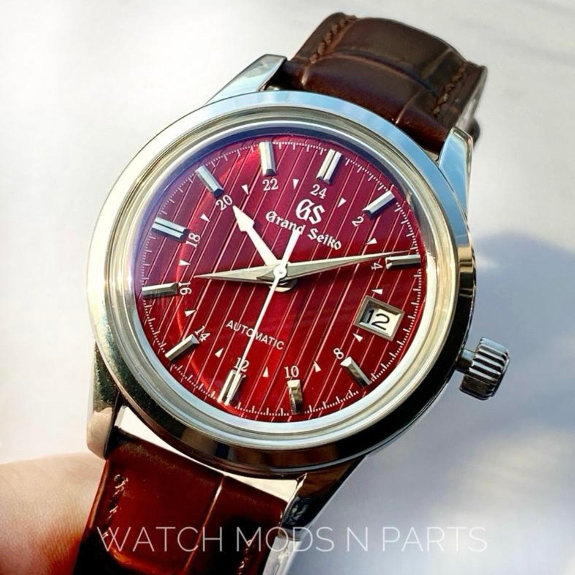 Custom Mod Grand Seiko GS GMT 39mm Watch Red dial Brown Croco Strap