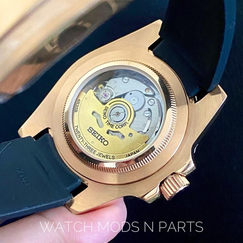 WMNP Seiko Modification 40mm Automatic 4R35B deep black highly glossy Marine Master Prospex black dial Rose Gold body bezel with Rubber Strap
