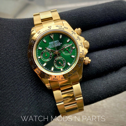 WMNP Seiko Mod Homage John Mayer Custom Chrono Speedtimer Daytona VK63 Green Gold Dial