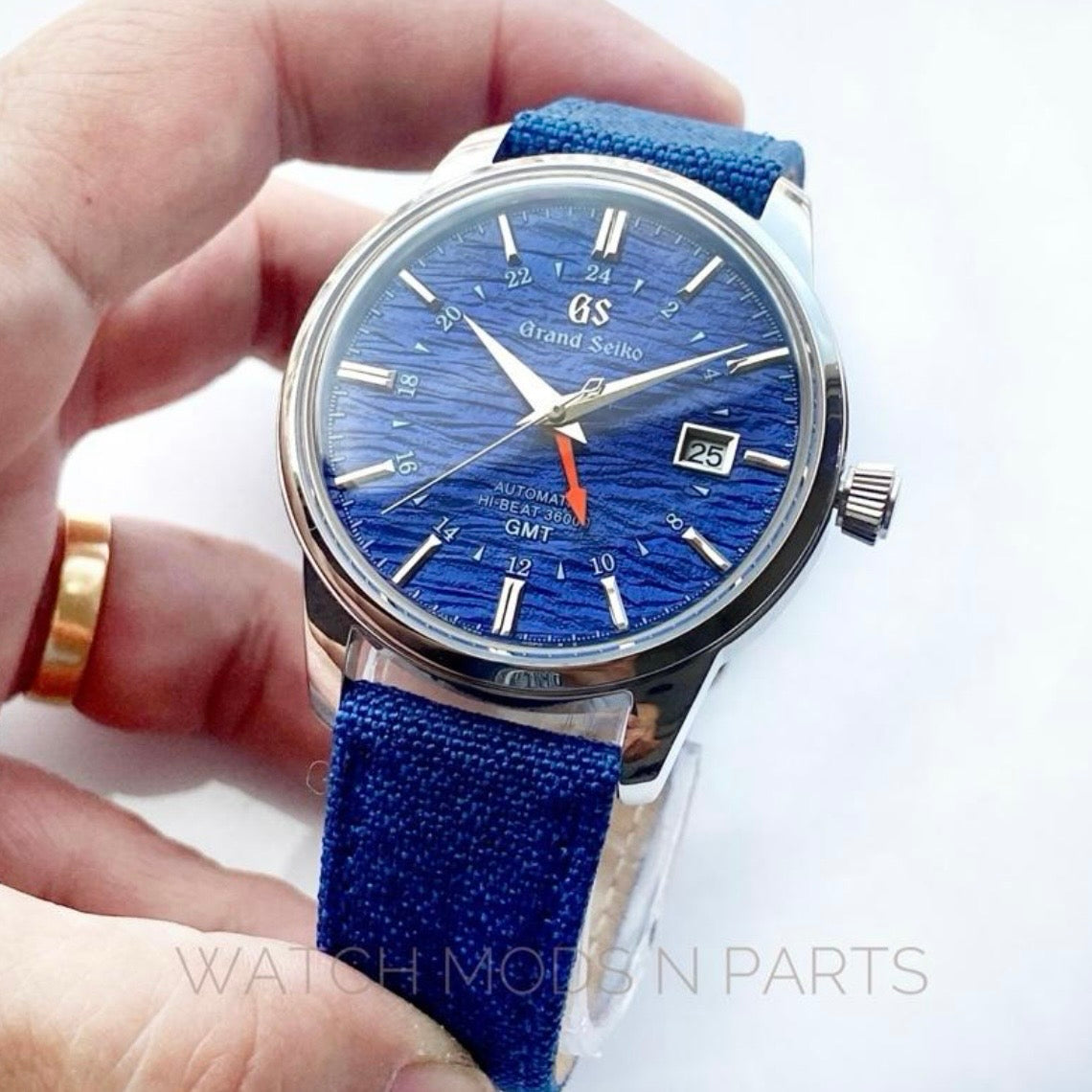 Custom Mod Grand Seiko GS GMT 40mm Watch Blue Ripple dial Blue Sailcloth Strap