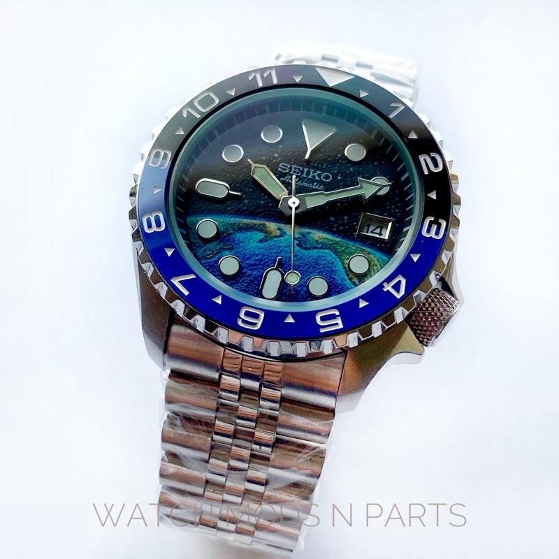 WMNP Seiko Mod Skx body style voyager glowing earth with LX Bezel dan dual time Insert bezel movement Seiko nh35  Watch Watches Crystal