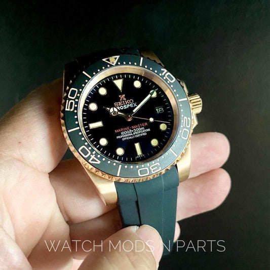 WMNP Seiko Modification 40mm Automatic 4R35B deep black highly glossy Marine Master Prospex black dial Rose Gold body bezel with Rubber Strap