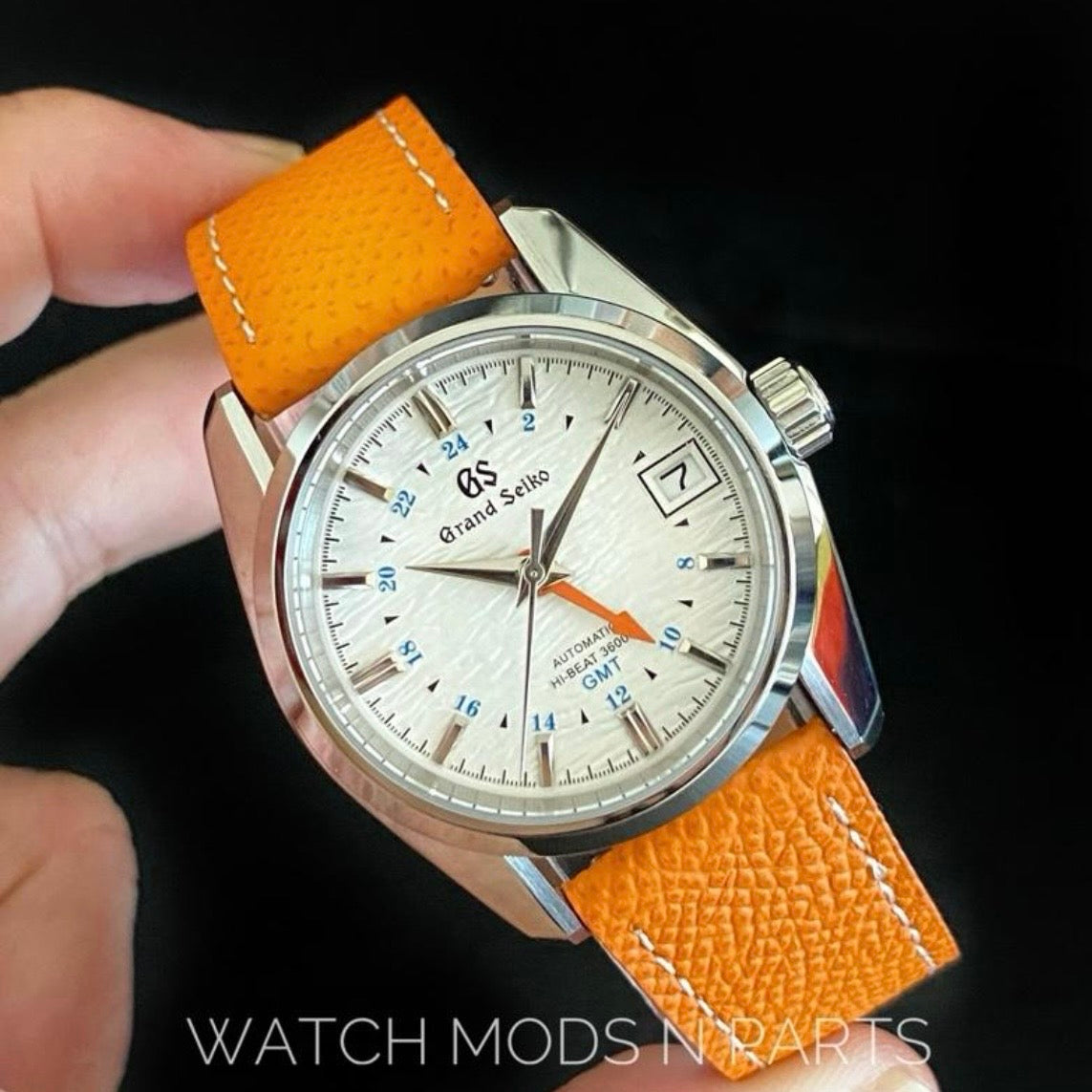 Custom Mod Grand Seiko GS GMT NH34 White Ripple dial on orange Epsom Leather