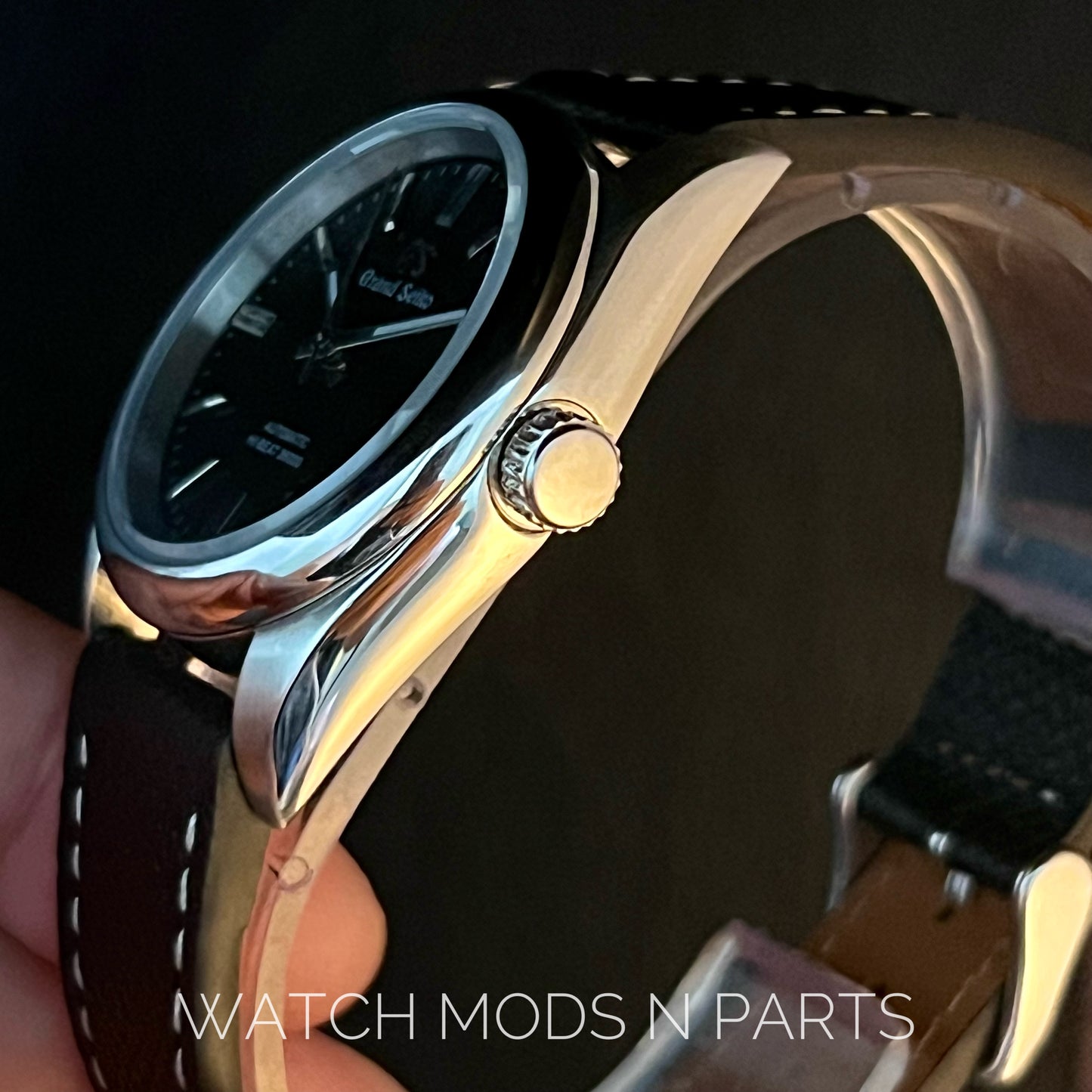 Custom Mod Grand Seiko GS GMT 36mm Black Textured dial on Black Epsom Leather