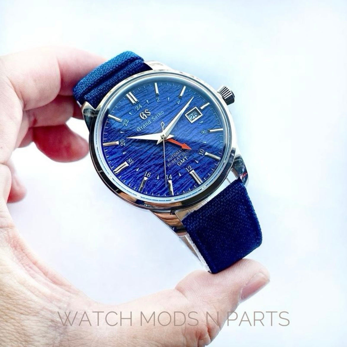 Custom Mod Grand Seiko GS GMT 40mm Watch Blue Ripple dial Blue Sailcloth Strap
