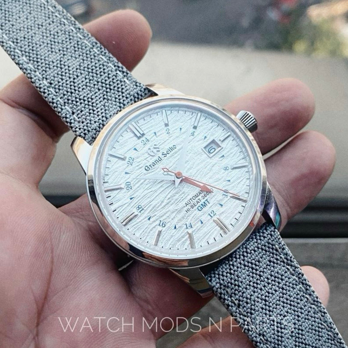 Custom Mod Grand Seiko GS GMT 40mm Watch White Ripple dial Grey Sailcloth Strap