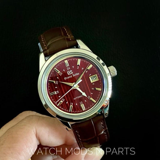Custom Mod Grand Seiko GS GMT 40mm Watch Red dial Brown Croco Strap