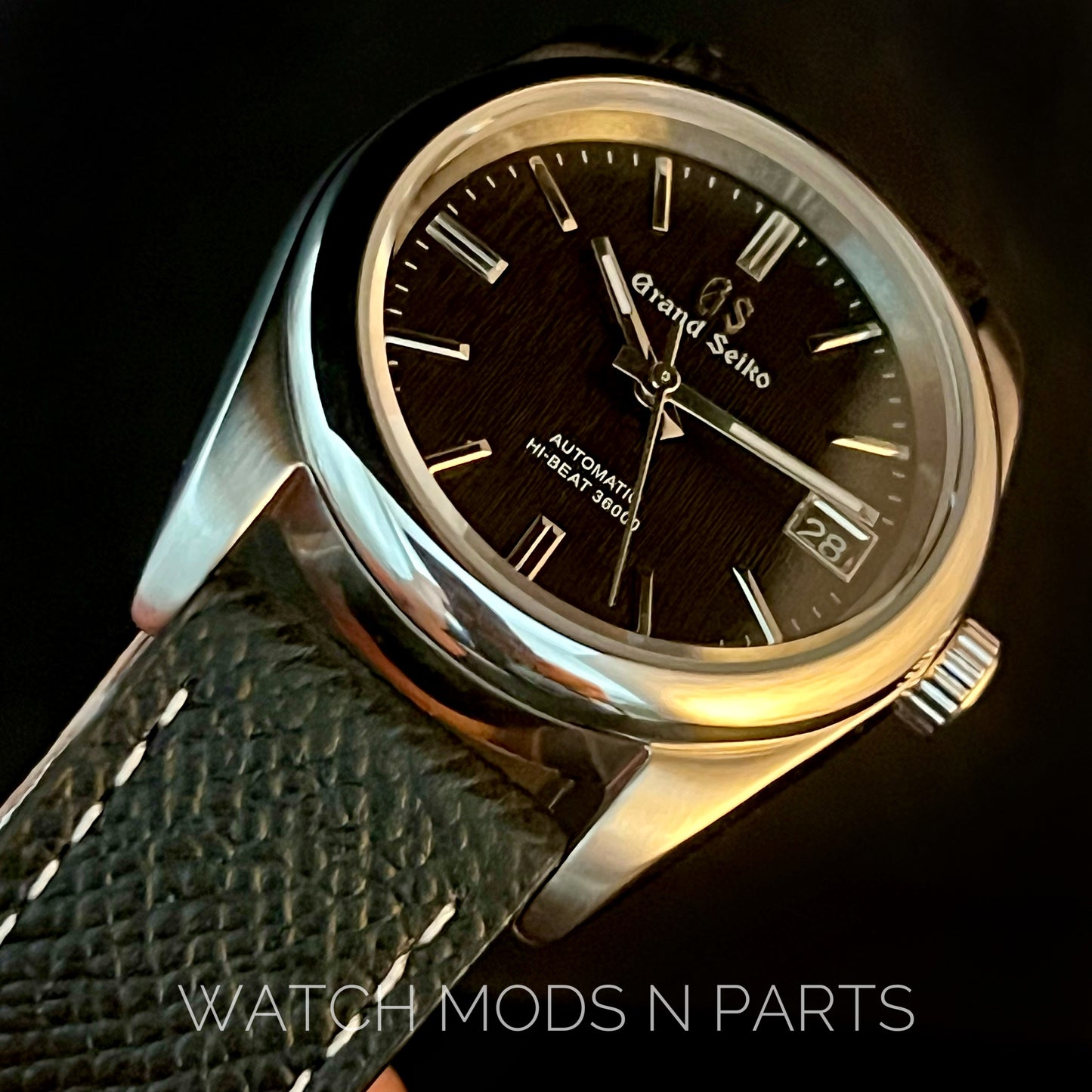 Custom Mod Grand Seiko GS GMT 36mm Black Textured dial on Black Epsom Leather