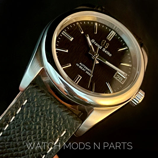 Custom Mod Grand Seiko GS GMT 36mm Black Textured dial on Black Epsom Leather
