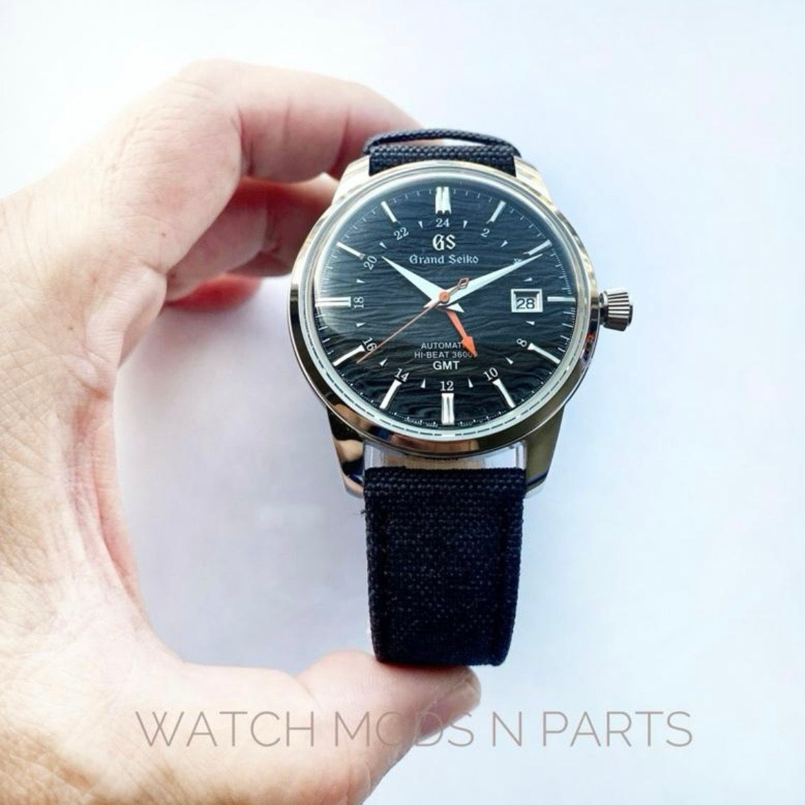 Custom Mod Grand Seiko GS GMT 40mm Watch Black Ripple dial Black Sailcloth Strap