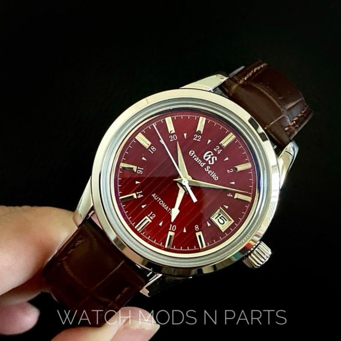Custom Mod Grand Seiko GS GMT 39mm Watch Red dial Brown Croco Strap