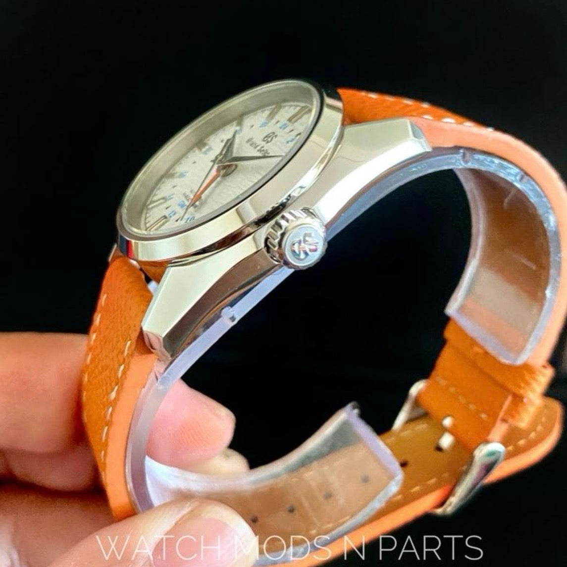 Custom Mod Grand Seiko GS GMT NH34 White Ripple dial on orange Epsom Leather
