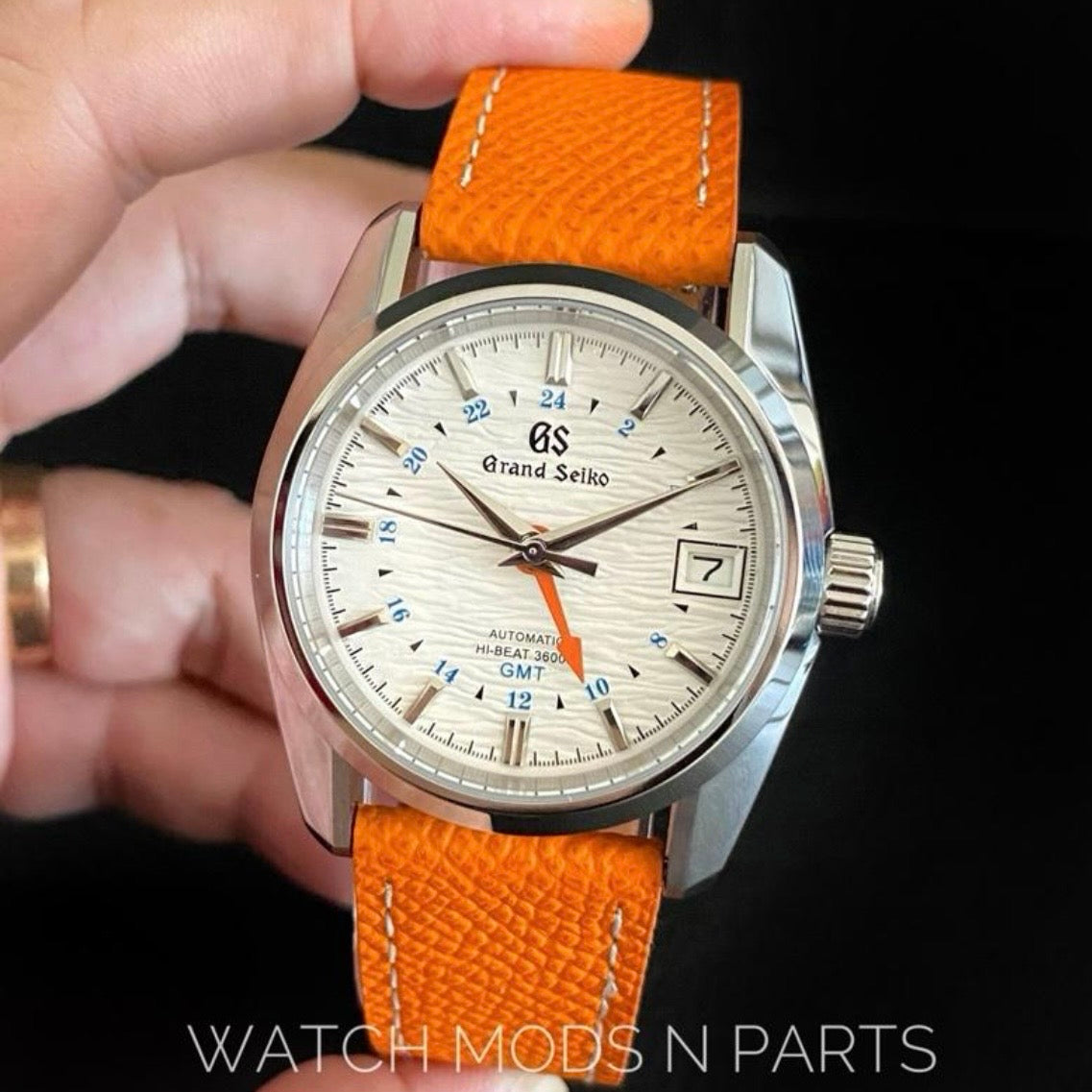 Custom Mod Grand Seiko GS GMT NH34 White Ripple dial on orange Epsom Leather