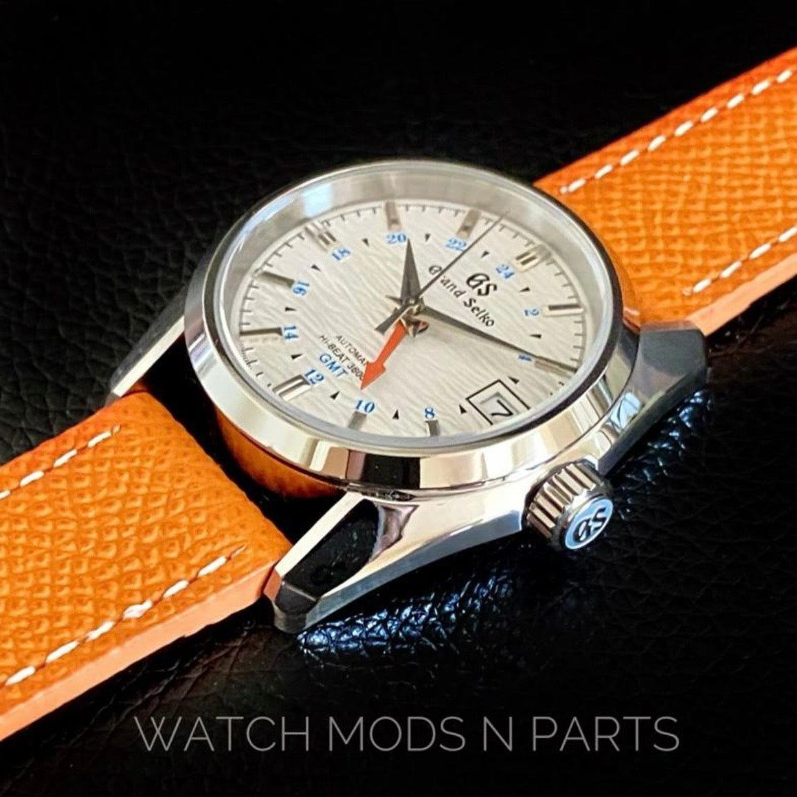 Custom Mod Grand Seiko GS GMT NH34 White Ripple dial on orange Epsom Leather