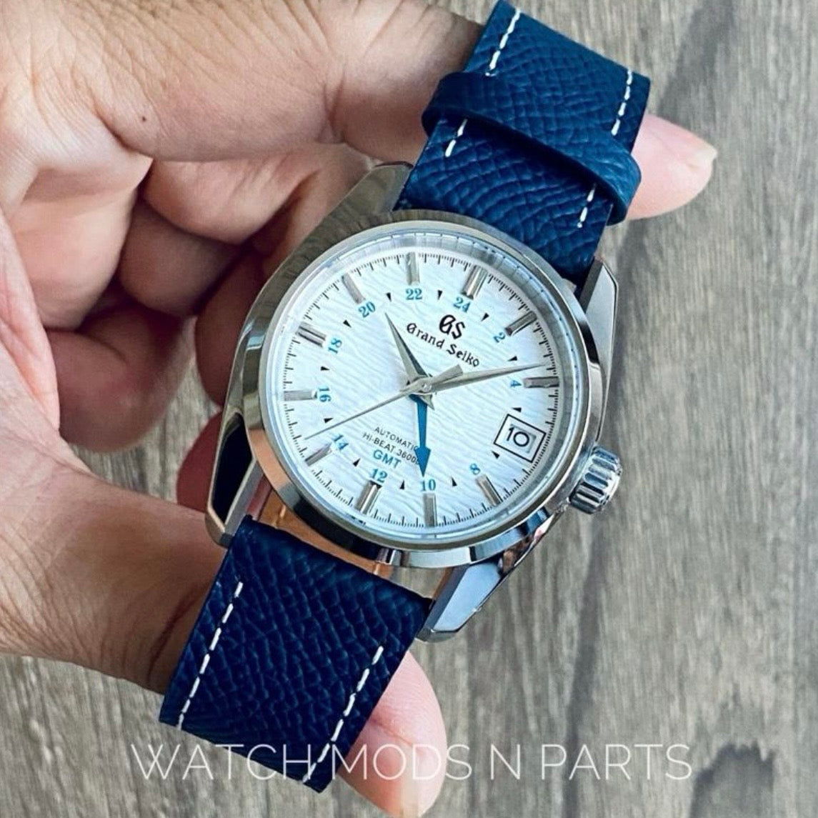 Custom Mod Grand Seiko GS GMT NH34 White Ripple dial on Royal Blue Epsom Leather