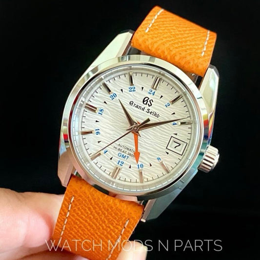 Custom Mod Grand Seiko GS GMT NH34 White Ripple dial on orange Epsom Leather