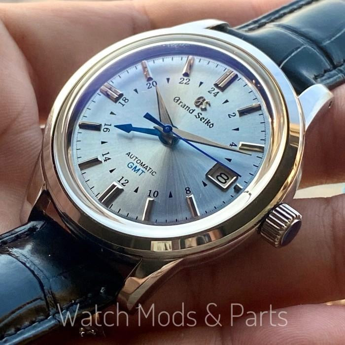 Custom Mod Grand Seiko GS GMT 39mm Watch Blue dial black croco strap