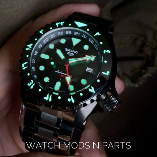 WMNP Seiko Mod Full lume GMT Chapter Ring and Bezel with GMT skx style 42mm Black Body Seiko Automatic Movement NH34