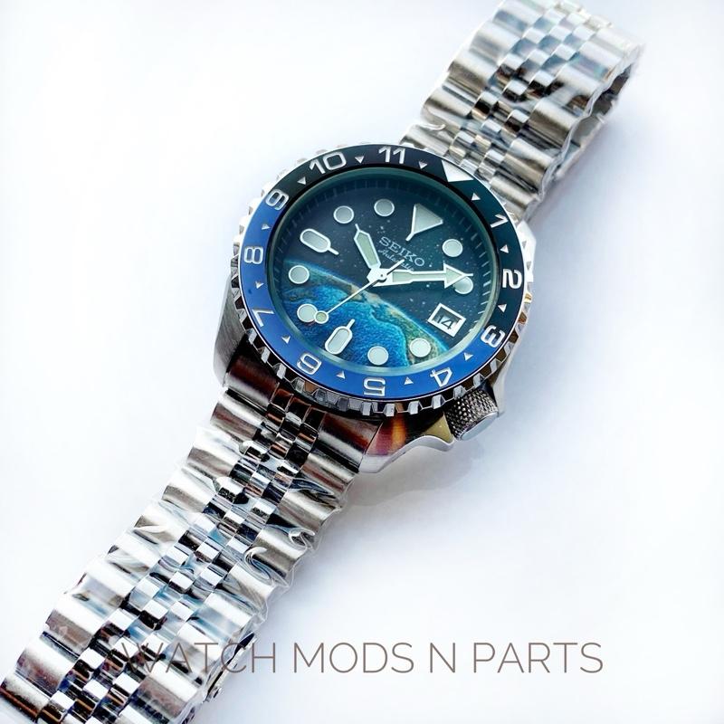 WMNP Seiko Mod Skx body style voyager glowing earth with LX Bezel dan dual time Insert bezel movement Seiko nh35  Watch Watches Crystal