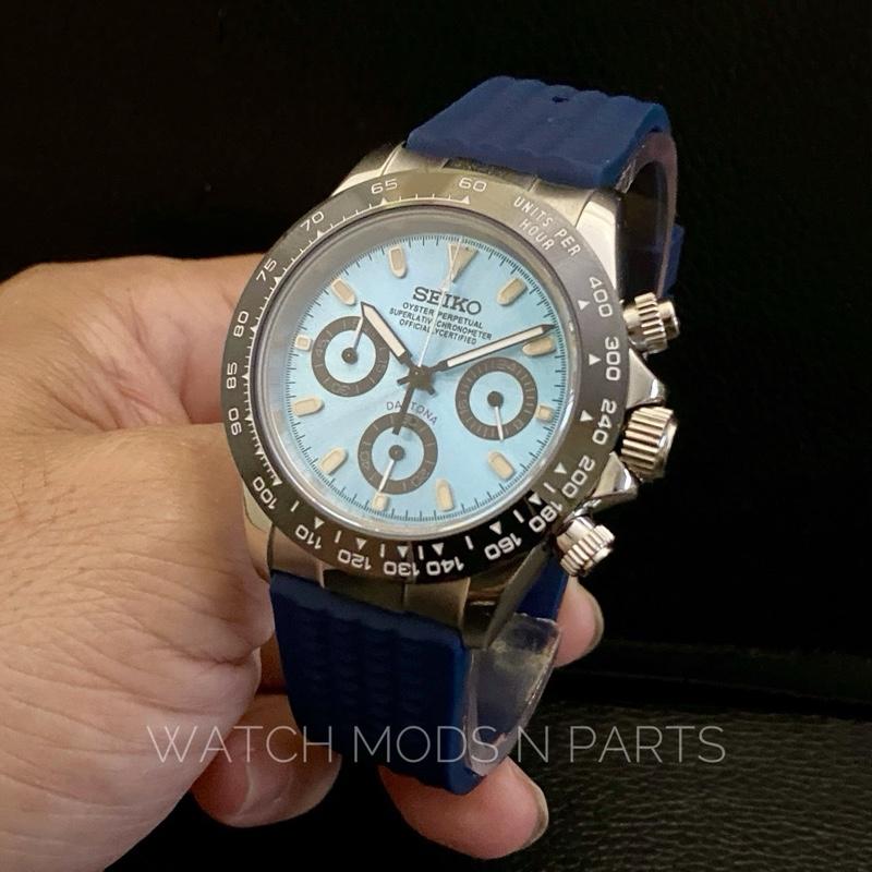 Seiko Mod Chrono Speedtimer Daytona VK63 Ice Blue Dial custom waffle strap Rubber Watch