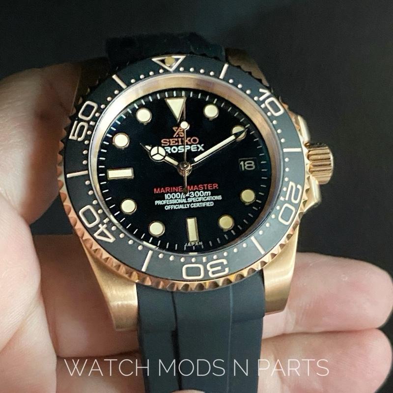 WMNP Seiko Modification 40mm Automatic 4R35B deep black highly glossy Marine Master Prospex black dial Rose Gold body bezel with Rubber Strap