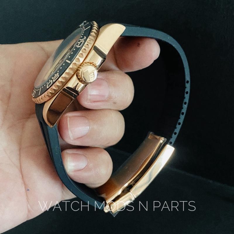 WMNP Seiko Modification 40mm Automatic 4R35B deep black highly glossy Marine Master Prospex black dial Rose Gold body bezel with Rubber Strap