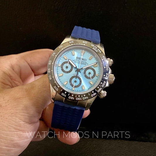 Seiko Mod Chrono Speedtimer Daytona VK63 Ice Blue Dial custom waffle strap Rubber Watch